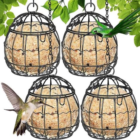 Lot de 4 supports de boules de graisse - Distributeur de nourriture pour oiseaux - En métal - À suspendre - Avec crochet en forme de S - Pour oiseaux sauvages - 7 cm - Noir (1/5)