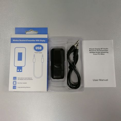 Émetteur-récepteur Bluetooth USB 2 en 1, adaptateur sans fil 5.0 avec écran LCD et entrée auxiliaire stéréo 3,5 mm pour PC, TV, voiture et casque audio. (1/5)