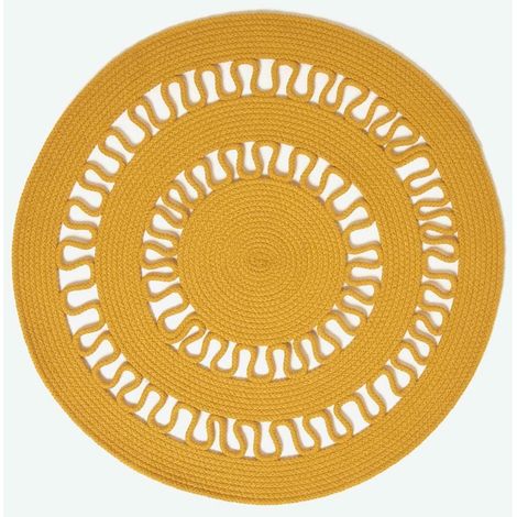 HOMESCAPES Geflochtener runder Teppich mit Häkel-Muster, senfgelb, 70 cm