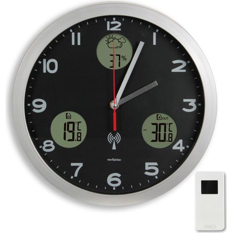 Fishtec – Horloge murale station météo LCD – Température, humidité, prévisions – Affichage clair, radiopilotée – Ø 30 cm, ABS