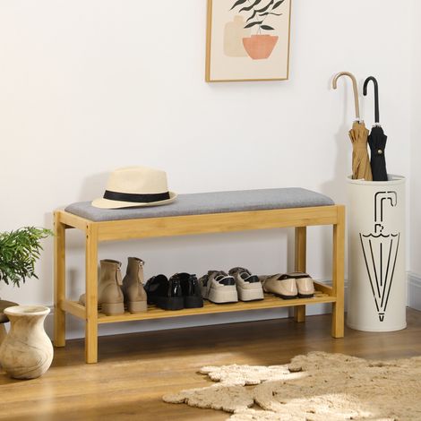Banco Zapatero de Bambú Zapatero con Asiento Tapizado para 3 Pares de Zapatos con Estante de Listones 90x30x46cm Natural (1/5)