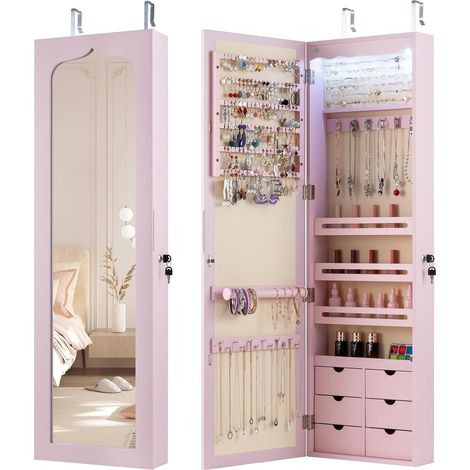 Costway – Armoire à bijoux murale avec miroir – 5 lumières LED automatiques – Espace de rangement 120 fentes pour boucles d'oreille – MDF durable 36,5 x 11,5 x 120 cm (1/5)