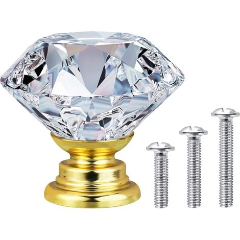 20 x bouton - poussoir de porte à poignée tiroir de mobilier d'armoire - diamant en cristal transparent + base en or - 30 mm (1/2)
