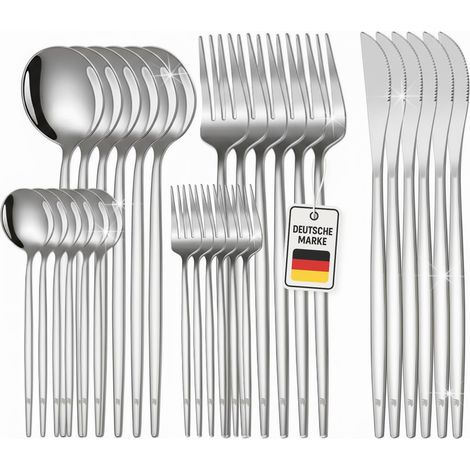 Roxlin Besteckset 30 teilig Edelstahl Gold Schwarz Rosa Silber für 6 Personen – Spülmaschinenfest, Rostfrei & Kratzfest – Modernes Tafelbesteck Set - Standard - Silber (1/5)