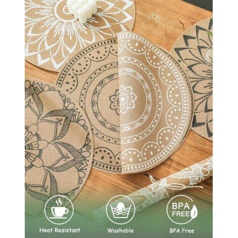 Sets de table ronds de style bohème, imprimés, en PVC tissé, lot de 6, lavables, résistants à la chaleur, antidérapants, adaptés aux cuisines et salles à manger. (1/3)