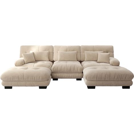 Divano modulare angolare a U in ciniglia marrone chiaro con pouf, 313 x 145 x 81 cm (1/5)