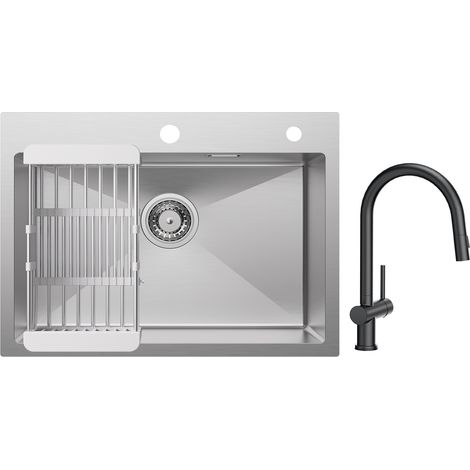 Cecipa Évier de Cuisine 1 Bac 60×45×18CM Évier Cuisine Acier Inoxydable 304 Brossé avec Panier de Drainage + Mitigeur de Cuisine avec Douchette Extractible avec 2 Types de Jet Noir (1/5)