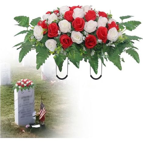 Selle de fleurs pour pierre tombale, grandes fleurs artificielles pour cimetière, fleurs commémoratives pour décoration de (1/4)