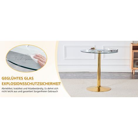 Ensemble Bar Flexible avec Table en Verre Ø 89 cm et 2 Tabourets Transparants à Pieds Dorés, Réglables en Hauteur et Pivotants (1/5)