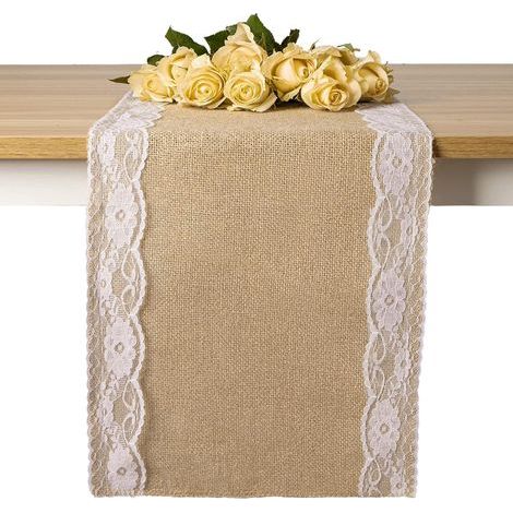 Camino de mesa de arpillera de 10 m x 30 cm, rollo de cinta para mesa, decoración de mesa de yute para bodas, estilo rústico vintage y jardinería. (1/5)