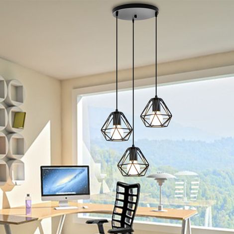 Pendelleuchte, Ø16cm Mini Diamant Hängelampe, Vintage Kronleuchter mit Käfig für Wohnzimmer Schlafzimmer Esszimmer Schwarz - 3 Flammig mit Runder Lichthalter