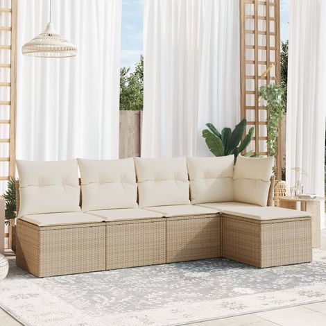 Ensemble salon de jardin résine tressée beige 5 places avec coussins - 1 canapé d'angle, 3 fauteuils et 1 table basse modulaire (1/3)