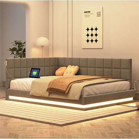 sofá cama 140x200 con LED y USB en lino gris OKMYHOME (1/5)