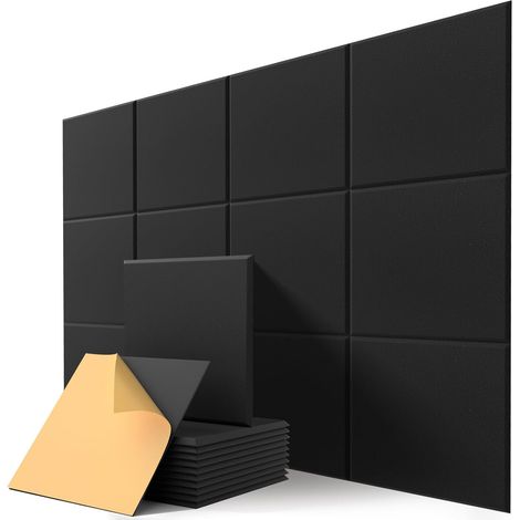 12 panneaux acoustiques carrés – Annulation d'écho – Pour stus, bureaux, maisons – 30 x 30 cm – Noir
