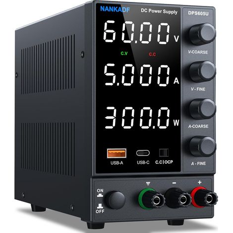 Alimentation de Laboratoire réglable 60 V 5 A, Alimentation CC réglable avec Ports USB-A/Type-C à Charge Rapide, équipée d'un écran à 4 LED Haute précision et d'un Bouton Rotatif avec encodeur (1/5)