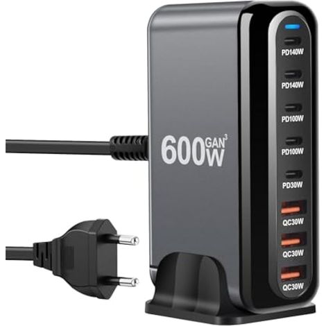 Chargeur multiple USB-C 600 W, station de charge rapide 8 ports (6 USB-C et 2 USB-A), 100 W PD PPS pour MacBook Pro/Air, iPad Pro/Air et Samsung - Noir (1/5)