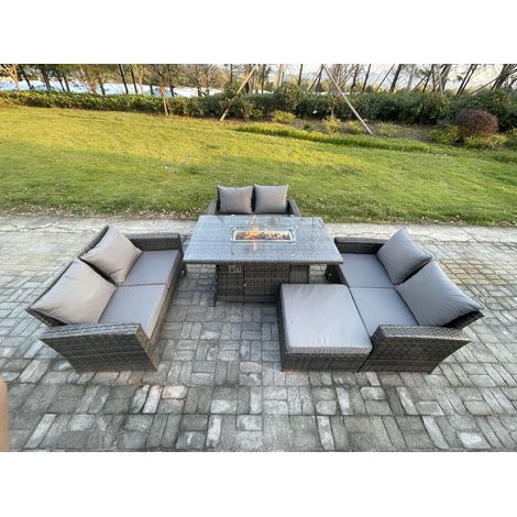 Fimous Gartenmöbel-Set im Freien 7-Sitzer Poly Rattan Sitzgruppe mit Gas Feuerstelle Tisch Doppelsitz-Sofa Großer Fußhocker Dunkelgrau Gemischt (1/5)