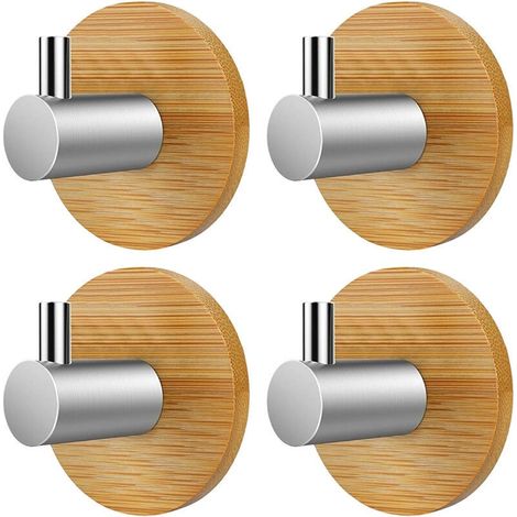 Crochets muraux en bois et bambou, lot de 4, crochets adhésifs, crochets à vêtements en bois, acier inoxydable et bambou, crochets à vêtements auto-adhésifs en bois, aucun perçage requis.