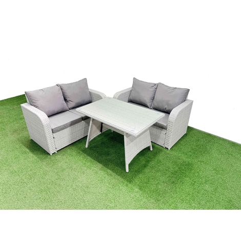 Fimous 4 Seat Outdoor Love Sofa Set Rattan Garden Furniture Set with Rectangular Dining Table Light Grey (1/4)