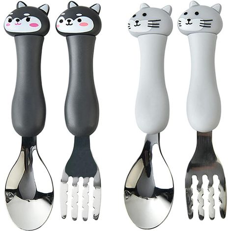 Ensemble de couverts, fourchette et cuillère en acier inoxydable pour enfants 2 ensembles, avec animaux de dessin animé avec boîte (Dog&Cat)