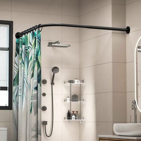 Tringle à rideau de douche d'angle, réglable en acier inoxydable, en forme de L, adaptée aux baignoires, perçage requis (noir, 108-138 cm)