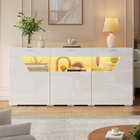 Buffet bas LED 160x38x78 cm avec éclairage LED, 3 portes vitrées, meuble de rangement salon avec façade brillante et design moderne - Blanc (1/5)