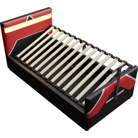 Cama infantil gamer 90 x 200 cm en PU negro con LED RGB, arcón hidráulico y soporte TV (1/5)