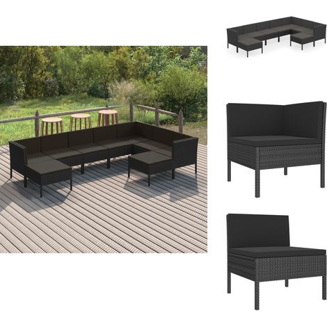 9-tlg. Garten-Lounge-Set mit Auflagen Poly Rattan Schwarz - Gartensonnenliege - Gartenloungeset - Outdoor-Sofa - Poolparty - Gartenmöbeln