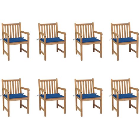 Chaises de jardin lot de 8 avec coussins bleu royal Bois teck (1/5)