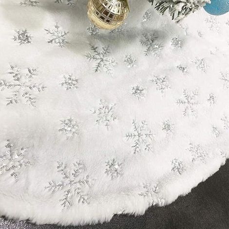 [JAMAIS UTILISÉ] Jupe d'arbre de Noël blanche de 90 cm,jupe d'arbre de Noël en fourrure artificielle de Noël,décoration de la maison,flocons de neige argentés, coussin (1/4)