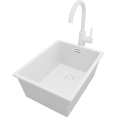 PRIMAGRAN Evier Cuisine en Granit 36x47cm, Lavabo 1 bac + Robinet 32x20cm + Kit de Vidage, Évier à Encastrer au meuble 40cm - London Slim, Tout Blanc (1/5)