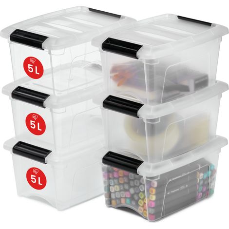 Iris Ohyama, Cajas pequeñas de plástico con tapa, 5L, juego de 6, transparente, DDNTB-5