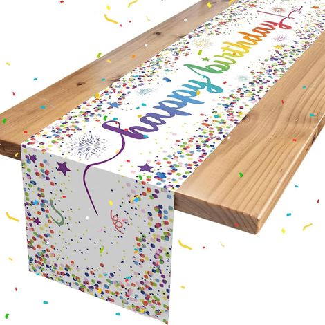 JSSEVN Tischläufer „Happy Birthday“, Tischdecke „Happy Birthday“ für Geburtstagsfeiern, Partytischdecke 180×35cm (Weiß) (1/5)