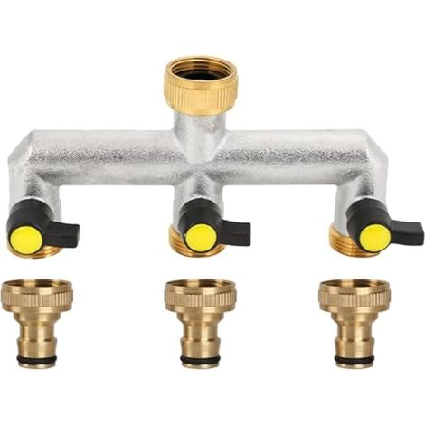 Distributeur d'eau 3 voies 3/4" 3 voies en laiton, 3 robinets pour 3 tuyaux d'arrosage avec 3 robinets d'arrêt, pour régler et arrêter le débit d'eau (1/5)