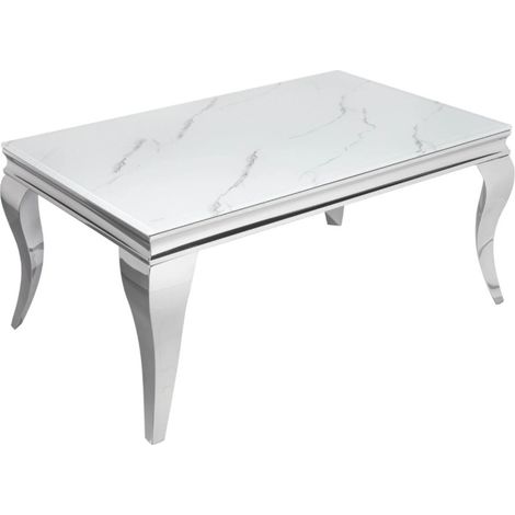 Tavolino basso VELENA 100 cm effetto marmo bianco con vetro temperato - Piedi curvi argentati (1/5)
