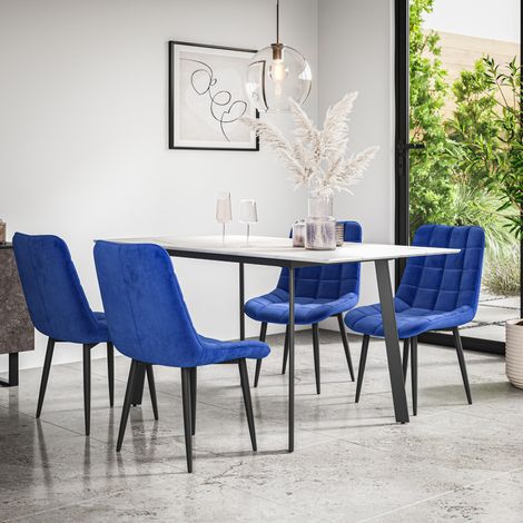 Haydon Extending Dining Table + Chairs- White Marble Effect Table Top w Black Legs + Nova Velvet Dining Chair Set Of 4 (Blue) (1/5)