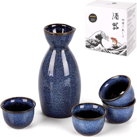 Service à saké japonais en porcelaine 5 pièces, bleu nuit, avec coffret cadeau (1/5)