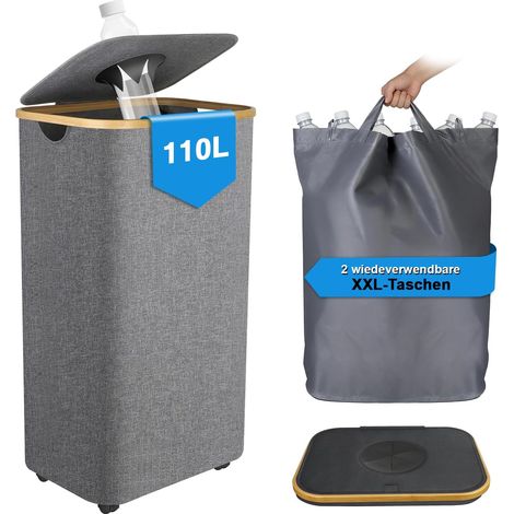 Collecteur de Bouteilles 110L, Poubelle de Recyclage avec Couvercle et 2 Sacs, Poubelle Tri Selectif pour Plastique Bouteilles Verre, Pliable Poubelle Cuisine Rangement, Gris (1/5)
