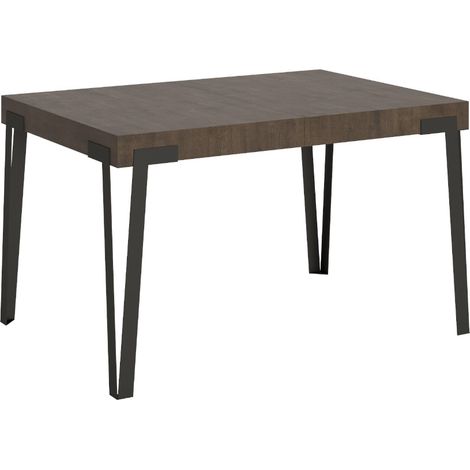 Petite table extensible carrée bois marron et pieds métal anthracite 90 à 246cm Konta (1/5)