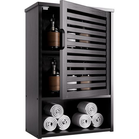 Armoire à Pharmacie en Bambou, Armoire Murale de Salle de Bain avec Porte Simple et étagère Ouverte, Organisateur de Rangement pour économiseur d’Espace au-Dessus de la Toilette, Noir (1/5)