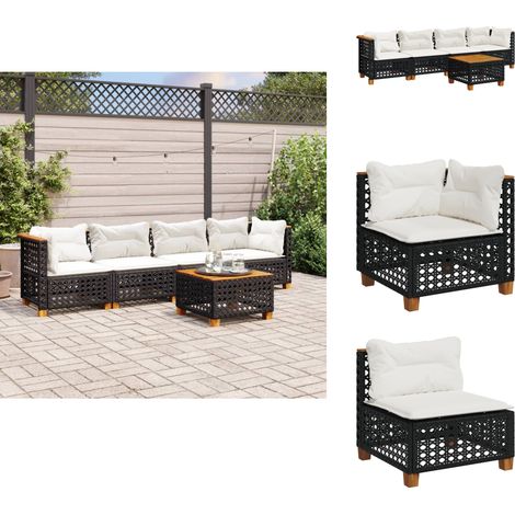 5-tlg. Garten-Sofagarnitur mit Kissen Schwarz Poly Rattan - Gartenmöbel - Outdoor Möbel - Rattan Sofa - Lounge Set - Esstisch (1/5)