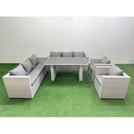 Fimous 8 Seater Wicker PE Rattan Furniture Outdoor Dining Table 3 Seater Sofa Armchair Set Light Grey (1/5)