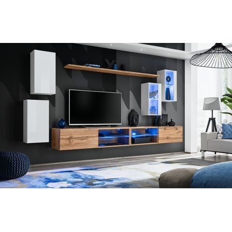 Ensemble meuble TV mural Switch XXV - L 280 x P 40 x H 140 cm - Marron et blanc - Livraison gratuite