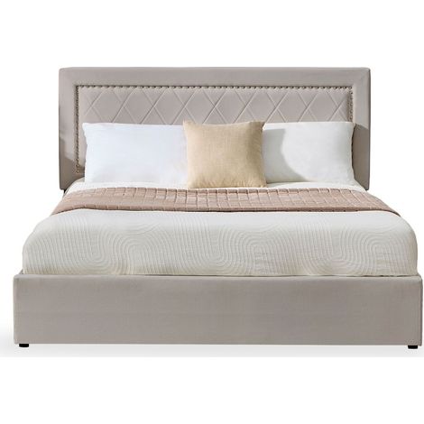 Lit coffre Sandiego avec sommier relevable 160x200cm et tête de lit cloutée Velours Taupe