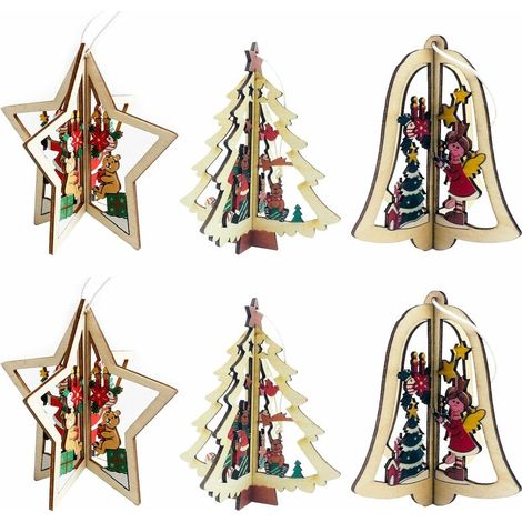 Pieces 3D Wooden Christmas Ornaments, 3D Christmas Tree Decoration, Handmade Christmas Wooden Pendants, for Christmas Trees, Walls, Windows, Christmas Parties (1/5)