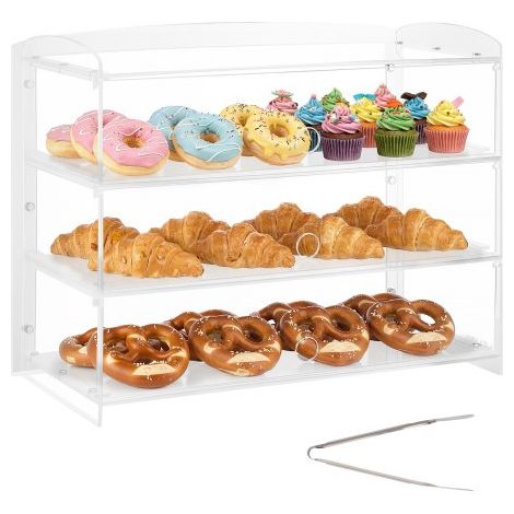 Vitrina de Exhibición de Panadería 3 Niveles, Vitrina de Acrílica Transparente para Panadería 48,2 x 23,2 x 38 cm, con Puerta Abatible, Escaparate para Repostería, para Galletas, Postres, Donas (1/5)