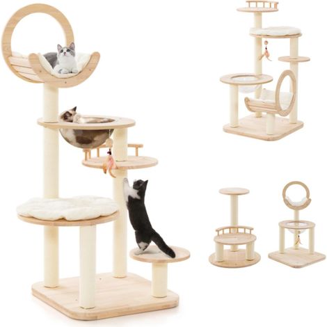 Goplus – Arbre à chat 146 cm en bois de caoutchouc – 4 niveaux avec capsule spatiale – Poteaux à griffer et coussins lavables – Beige