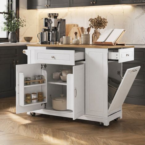 Isola cucina mobile 131,8 x 40-70 x 93,3 cm bianca in MDF, con piano estraibile e prese integrate (1/5)