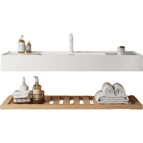 Meuble vasque salle de bain 120 cm, lavabo suspendu rectangulaire en acrylique blanc, meuble sous-vasque avec étagère, finition chêne naturel, robinet non fourni. (1/3)