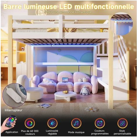 Lit Mezzanine 140x200 cm Pin Blanc/Naturel avec LED - Lit double - Escalier de rangement, Étagères, Espace sous lit (1/5)